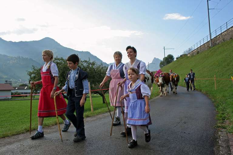 Alpabzug bei Albeuve in traditioneller Tracht