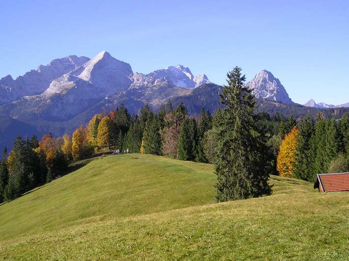 Wetterstein-Panorama, Alpspitze (2.629m), Zugspitze (2.964m), Großen Waxenstein (2.277m)