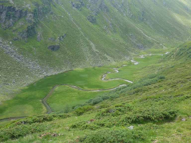 en:Blick auf den meandrierenden Fotscher Bach im Bereich Hintra Alm von der Potsdammer Hütte aus