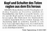 Foto: 1. Notizia sul ritrovamento dell'uomo venuto dal ghiccio nel quotidiano "Tiroler Tageszeitung" (Tiroler Tageszeitung)