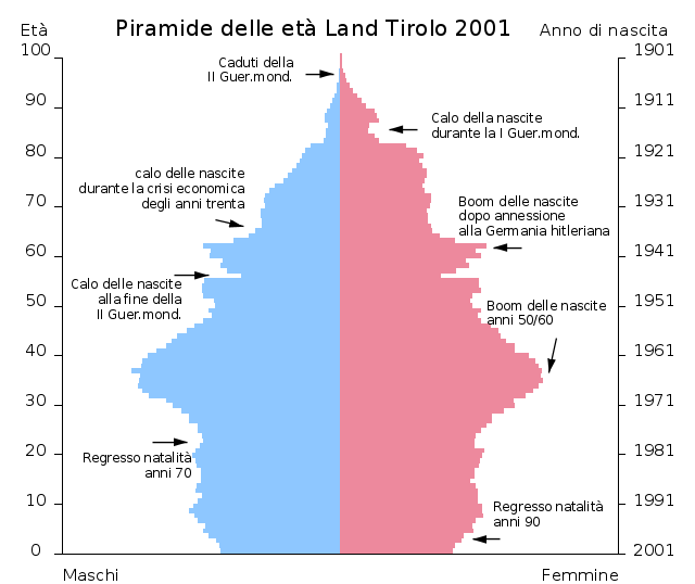 Piramide delle età Tirolo 2001